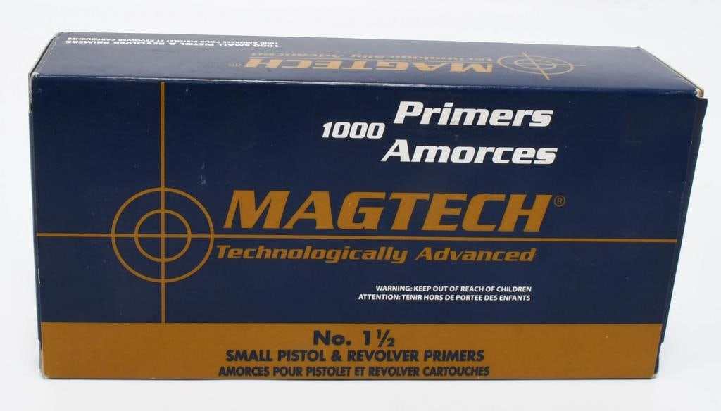 1000 ct MagTech Small Pistol & Revolver Primers: Lot contains one box 1000 count of MagTech Small Pistol and Revolver Primers no.1 1/2 Technologically Advanced. small pistol and revolver primer. These are the same reliable primers found in Magtech?s