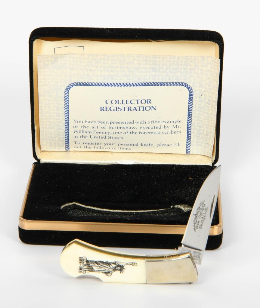 Custom Design 1886-1986 Folding Liberty Knife: Lot contains a real nice Collector's Series Krimshaw Folding Knife of the Statue of Liberty 1886-1986. The knife handle of this collector piece is made from select white animal bone. It is finished an