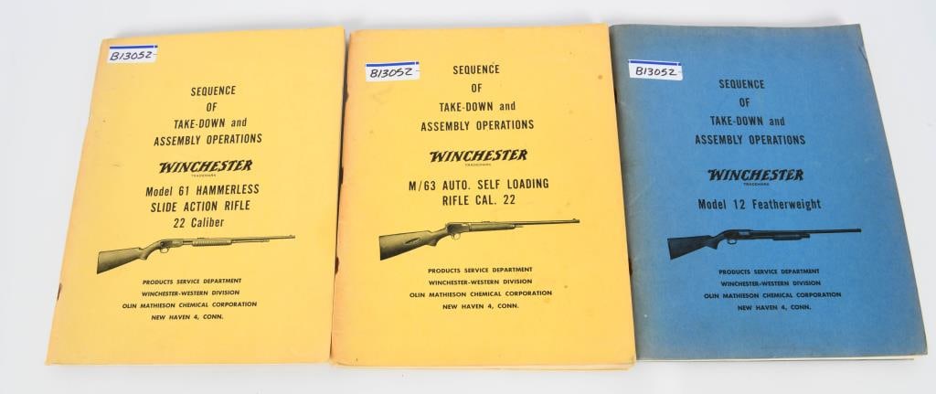 (3) Collectible Winchester Assembly operations: Lot contains three Collectible vintage Winchester Assembly Operations manual, one manual is the sequence of Take-Down and Assembly Operations for the Winchester Model 12 Featherweight, The second book