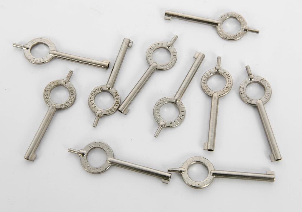 (10) Peerless Standard Handcuff Keys: Standard size handcuff key. Small and lightweight. Compatible with all standard handcuff locking mechanisms. Weight: 1 oz. Minimum inside perimeter: n/a Material/Finish: Alloy Steel Maximum inside per