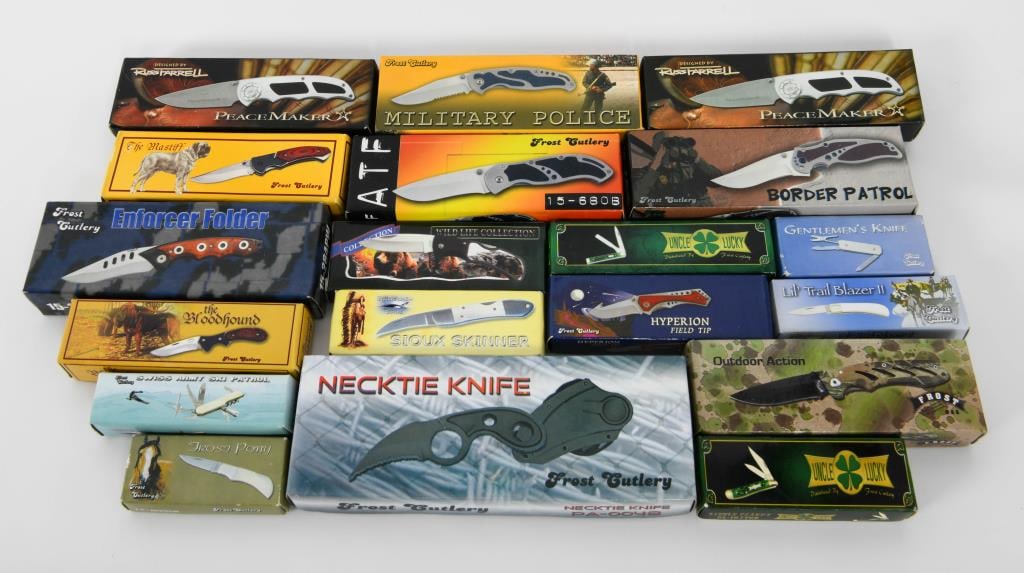 Huge Selection Of NIB Frost Cutlery Folding Knives: Attention, valued bidders! Feast your eyes on our vast selection of brand-new Frost Cutlery Folding Knives! This remarkable collection includes a variety of models such as the Lil Trail Blazer II, Nec