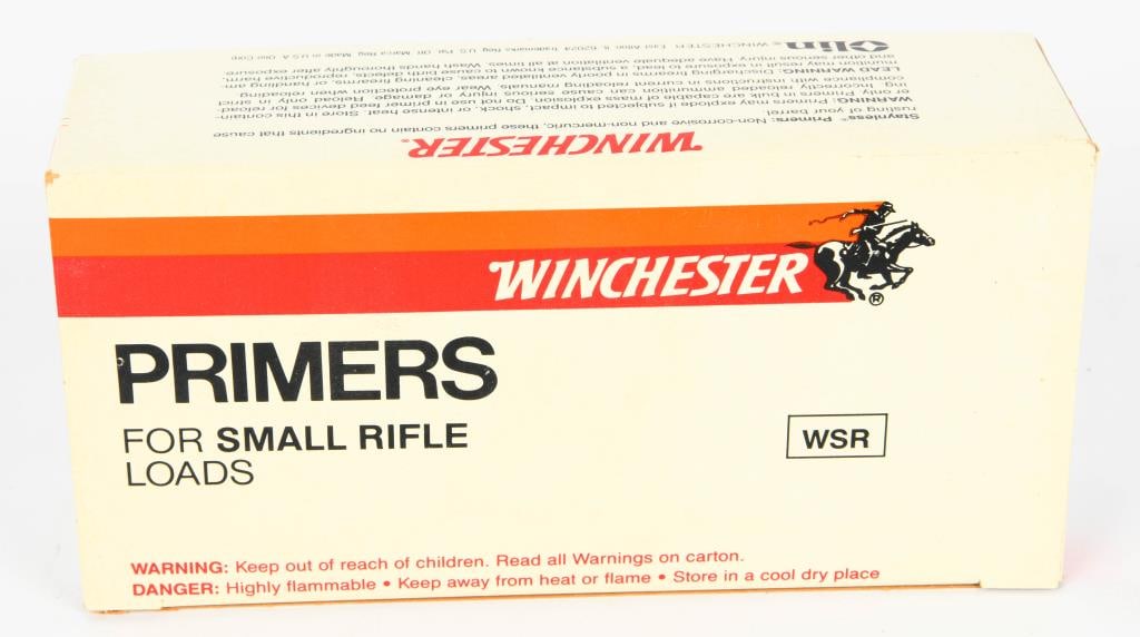 1000 ct Winchester Small Pistol Primers WSR: lot contains one box of the Winchester Small pistol Primers WSR, for standard pistol loads. 1000 count for your bidding pleasure