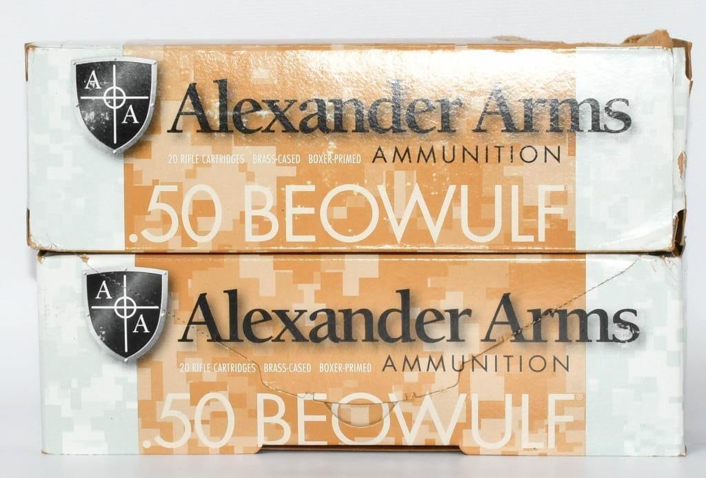 40 Rounds of Alexander Arms .50 Beowulf Ammo: Secure 40 rounds of Alexander Arms .50 Beowulf ammunition, featuring brass cases, boxed primers, and 355-grain Hollow Point Rainier projectiles. Alexander Arms is known for its commitment to quality, 