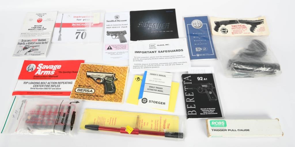 Misc Firearm Goodies: Shotgun Grips, Trigger Gauge: Lot contains a couple great firearm items for your bidding fun! first is new in the package is a Tactical Shotgun Grips for the Remington 870, forend grip with instructions, we have a Military Signal 