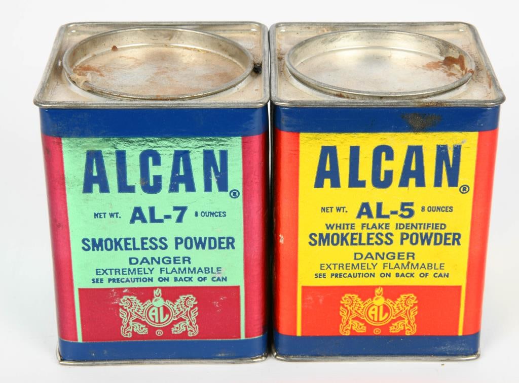 1 Lb Of Alcan AL-5 & AL-7 Smokeless Gun Powder: Attention, esteemed bidders! On auction today is 1 pound of Alcan AL-5 and AL-7 Smokeless Gun Powder, packaged in two 8-ounce Alcan gun powder containers. AL-5 features distinctive white flake identif