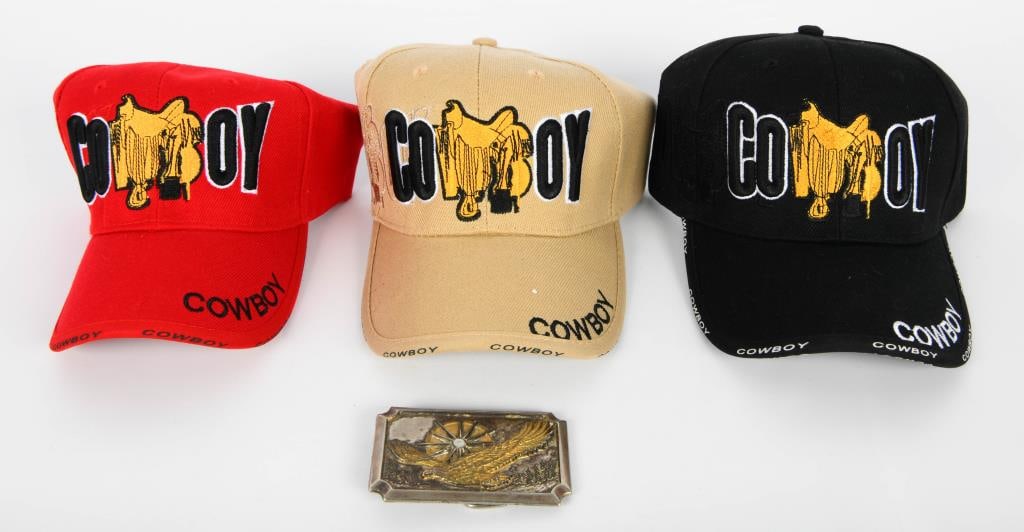 (3) New Embroidered Ball Caps "Cowboy" & Buckle: one black, one Tan and One Red Adjustable Ballcap with super nice embroidered "Cowboy" with a saddle on the front of hat, the bill has Cowboy embroidered on the left side, great design for the Cowboy 