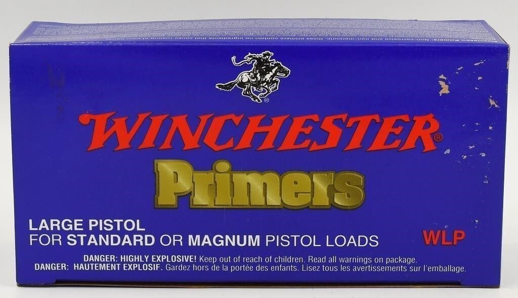 1000 qty Winchester Large Pistol Primers stand/mag: Lot contains one box of Winchester Large Pistol Primers for standard or magnum pistol loads, No. WLP, quantity approx 1000. Winchester Large Pistol Primers are the perfect solution for all your large 