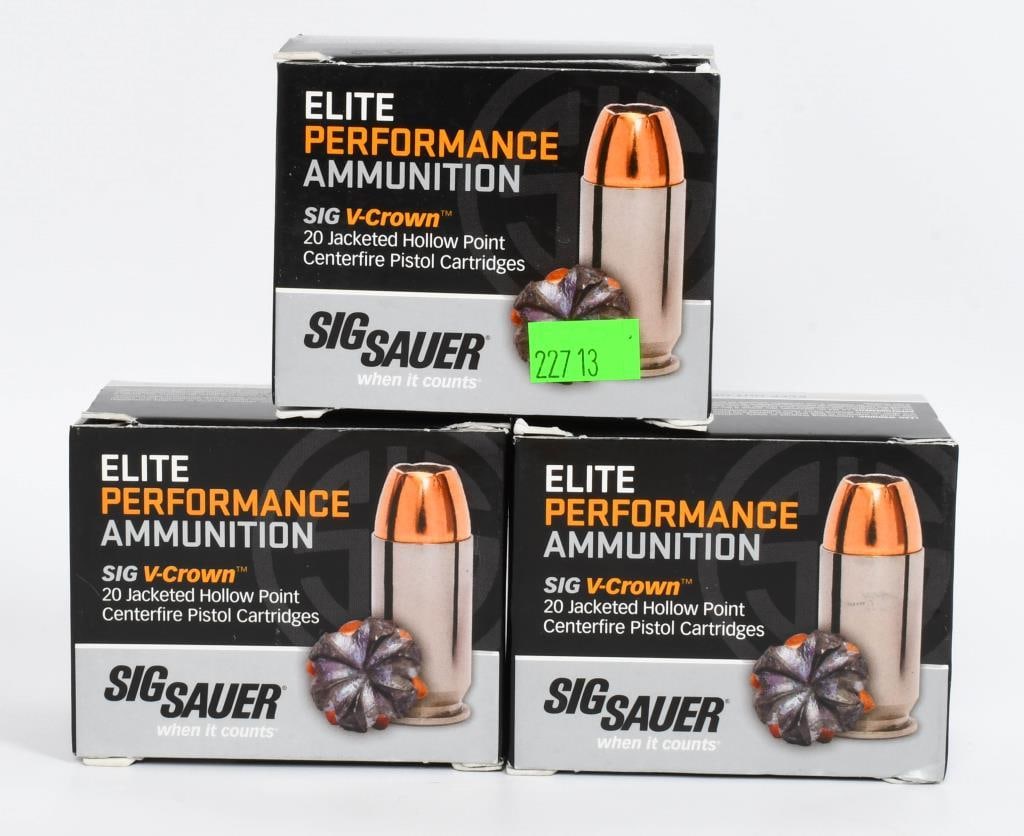 60 Rounds Sig Sauer .45 Colt Defense Ammunition: Participate in an exclusive auction featuring 60rounds of Sig Sauer .45 Colt Defense Ammunition a testament to precision and reliability. These rounds showcase the potent 230 grain V-crown Jacketed Ho