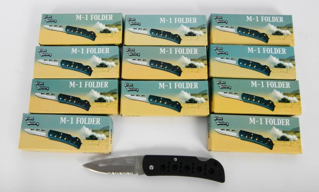 11 NIB Frost Cutlery 3" M-1 Folder Pocket Knives: Attention, esteemed bidders! Presenting 11 brand-new Frost Cutlery 3" M-1 Folder Knives, each adorned with a custom-designed black plastic handle. These compact folding knives are perfect for everyday