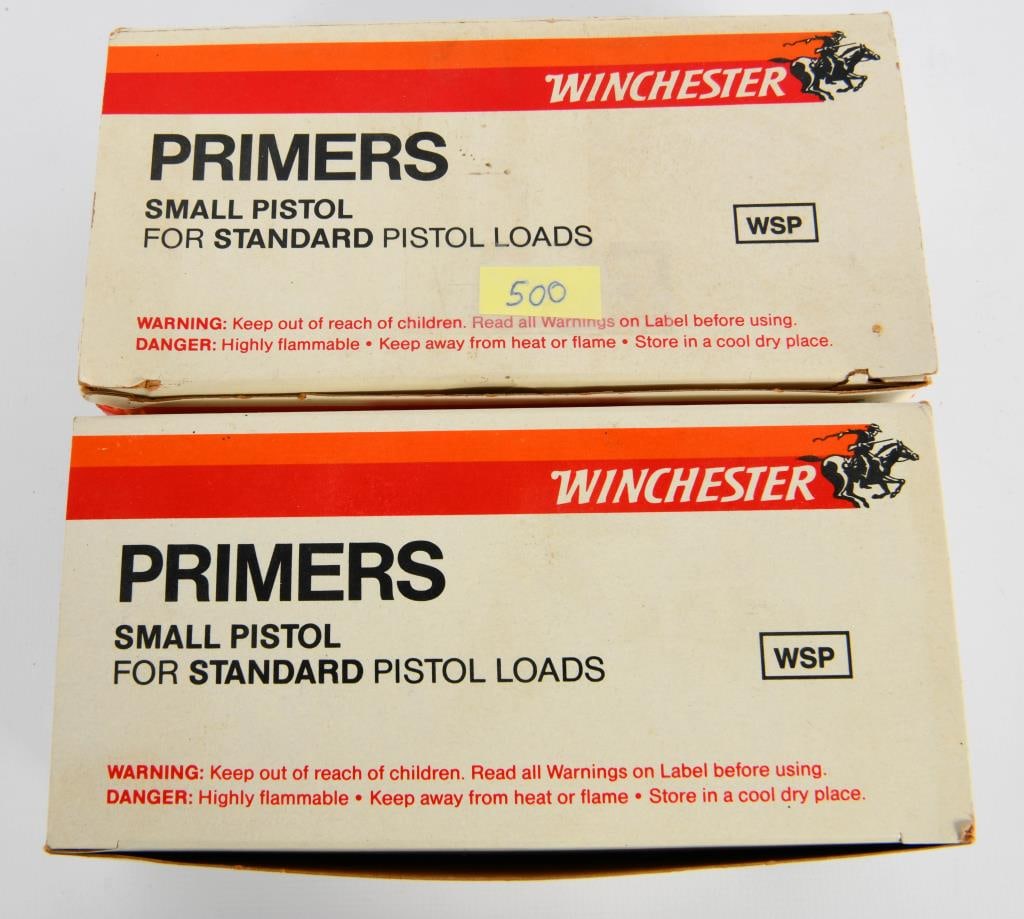 1500 ct Winchester Small Pistol Primers WSP: lot contains one box of 1000 ct and one box of approx 500 ct of the Winchester small pistol primers for standard pistol loads, WSP.