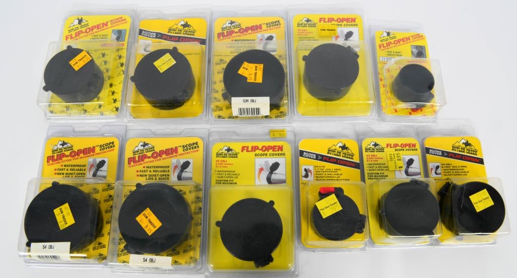 (11) Flip Open Scope Covers VARIOUS New see below: Lot contains new in the package approx 11 Butler Creek Flip Open Scope Covers; see below for sizes one container Flip open is 53A OBJ, waterproof, fast and reliable, new quiet open lids and quick acti