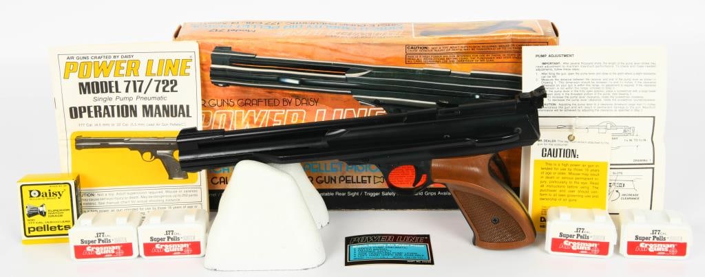 Power Line Model 717 Single Pump Air pistol in box: Up for your bidding pleasure is a super nice pre owned Daisy Power Line model 717 single pump pneumatic Match quality air pellet pistol .177 cal (4.5mm) lead air gun pellet, this pistol comes as Rifle
