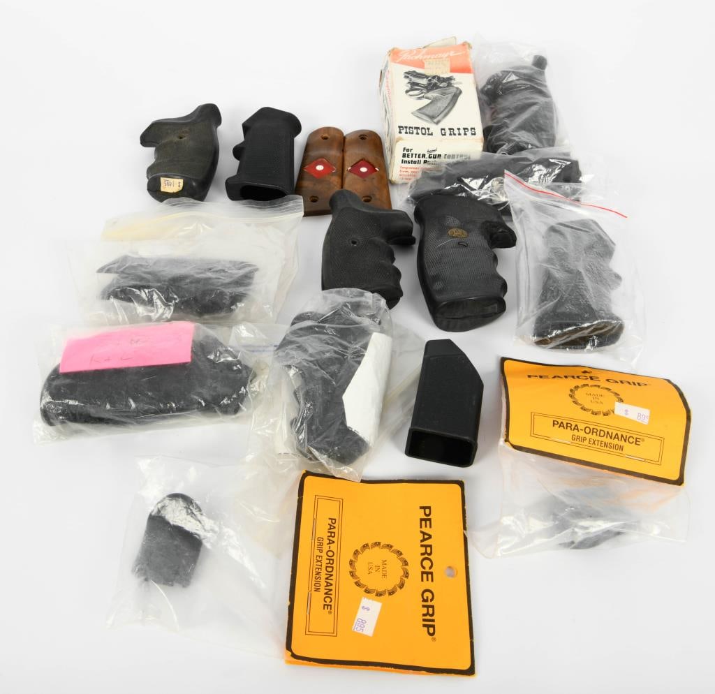Large Lot of misc Grips, pearce extensions, & Pane: lot contains various grips such as Smith and Wesson K &L square butt made by Hogue with the cobblestone print for better gripping, there is a Pachmayr Gripper rugged and heavy duty rubber grips, there