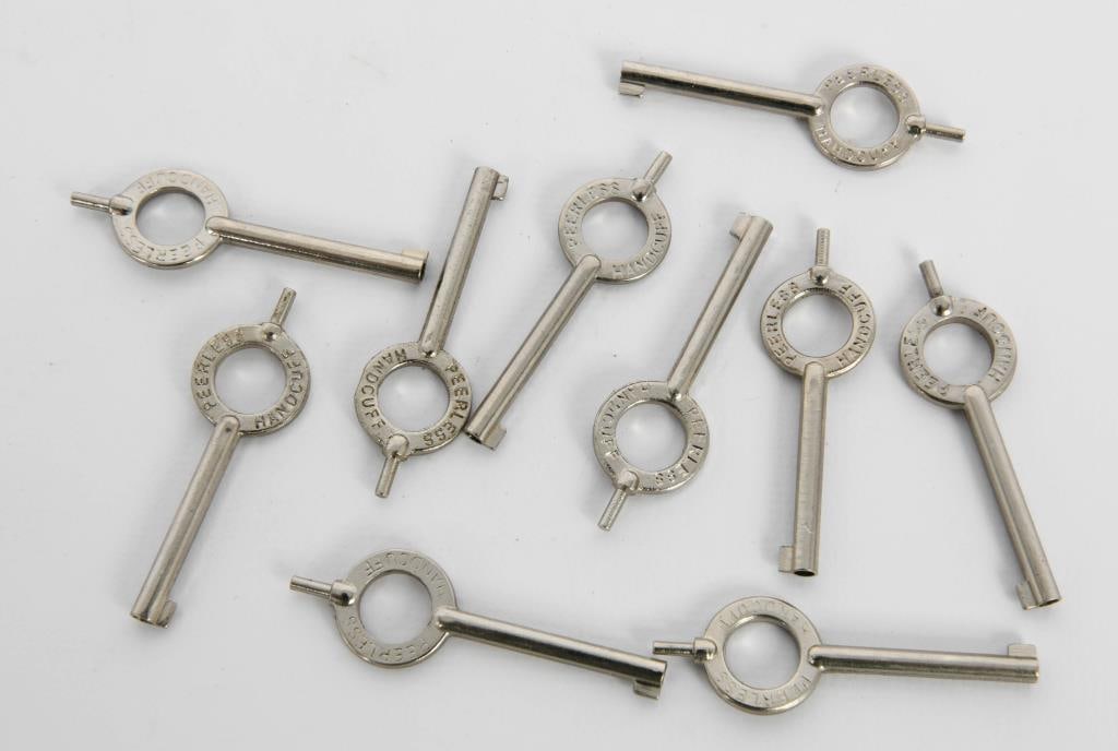 (10) Peerless Standard Handcuff Keys: Standard size handcuff key. Small and lightweight. Compatible with all standard handcuff locking mechanisms. Weight: 1 oz. Minimum inside perimeter: n/a Material/Finish: Alloy Steel Maximum inside per