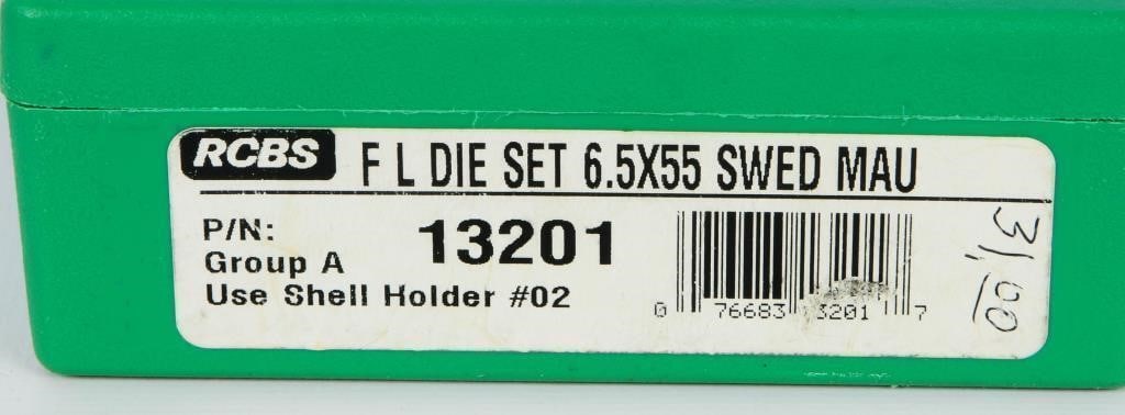RCBS F L Die Set 6.5x55 Swed Mau #13201: Lot contains a super nice RCBS F L Die Set 6.5 x 55 Swed Mau #13201 die set in the green plastic storage container