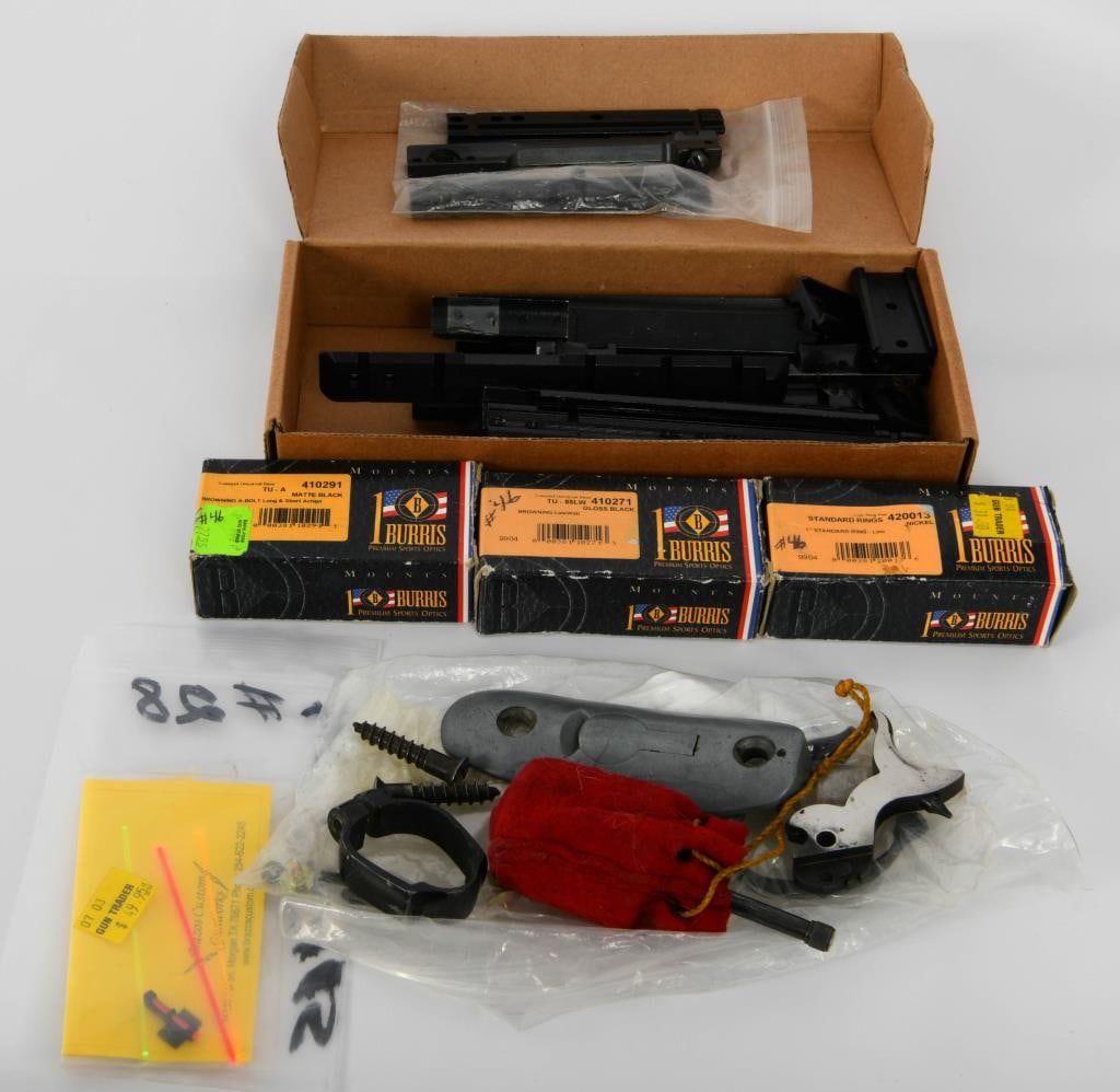 Gunsmith Lot; Various Bases,Rings, Site: Lot contains a box of Misc Base Mounts various sizes various brands; approx 17, there is Leupold, BAR,Weaver, Aimpoint, Redfield, There is a set of Burris Standard rings, nickel 1", there is a Burris