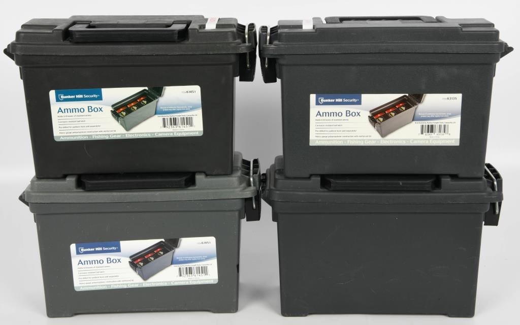 Lot of Four Plastic Ammo Cans by Bunker Hill: Up Next We Have a Lot of 4 Plastic Ammo Cans .30 Caliber Ammo Box. This rugged dry box protects ammunition, camera equipment, personal electronics and more. The ammo box is constructed from heavy gaug