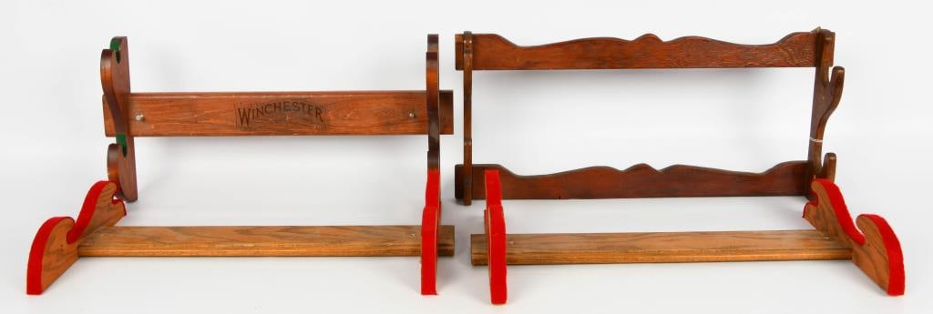 Lot of 4 Wood Double Rifle Racks: Here is a Lot of 4 Wood Double Rifle Racks, One Marked With The Winchester Emblem.