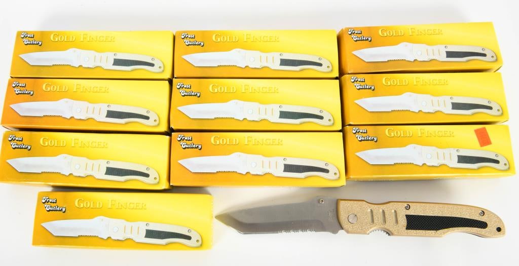 Lot of 10 New Frost Cutlery Gold Finger Knives: Lot of 10 Brand New Frost Cutlery Gold Finger Folding Knives. (Approx.) 5 3/8" Closed Lockback Folding Knife Stainless Steel Blade 1/2 Serrated Blade Insert Handle with Lanyard Hole