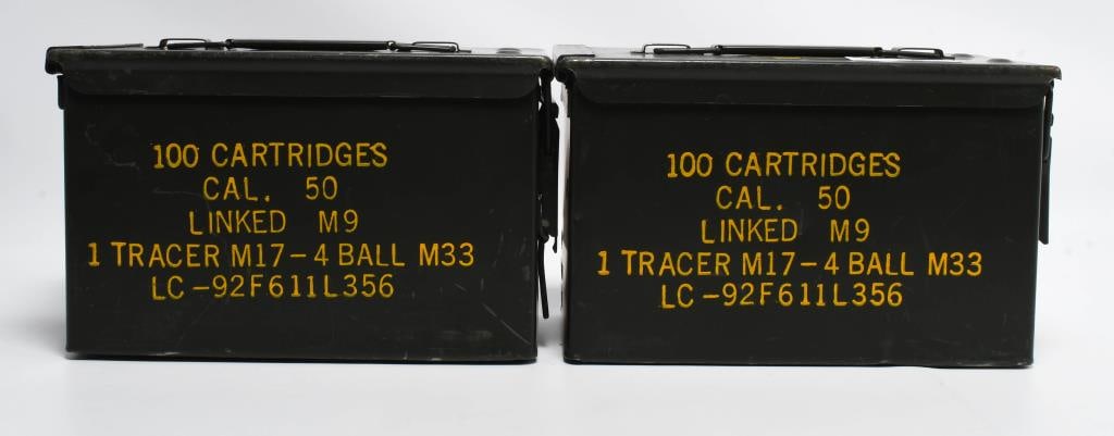 (2) U.S. Military Linked M9 Munition metal Contain: U.S. Military Linked M9 Munitions Storage Container- Lot of 2- Exterior shows 100 Cartridges Cal .50 Linked M9 1 Tracer M17- 4 Ball M33 LC-87 C61 1L 184- comes in Yellow Print, and shows the yellow Su