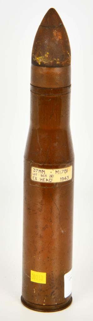 1943 37mm M17B1 Demilled Artillery Shell: 37mm Demilled Artillery Shell with M17B1 Steel Case. Dated 1943