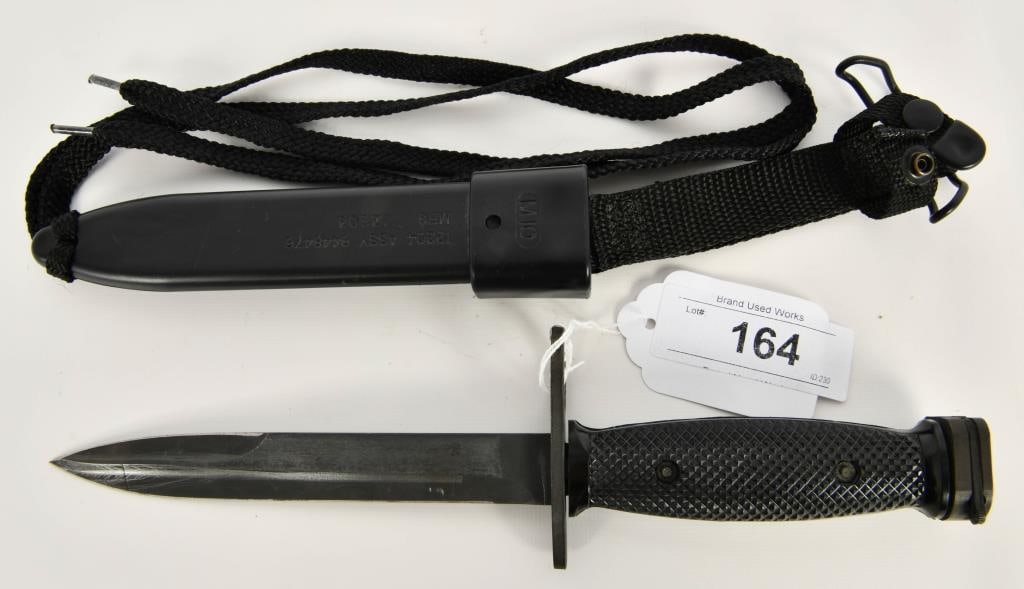 US M7 Imperial Fixed Blade Knife M10 Scabbard: US Military Issue M7 Imperial Rifle Knife with M10 Scabbard- the pointed fixed blade measures approx 6.75" with an overall length of approx 12" the scabbard comes with the canvas belt loop with the re
