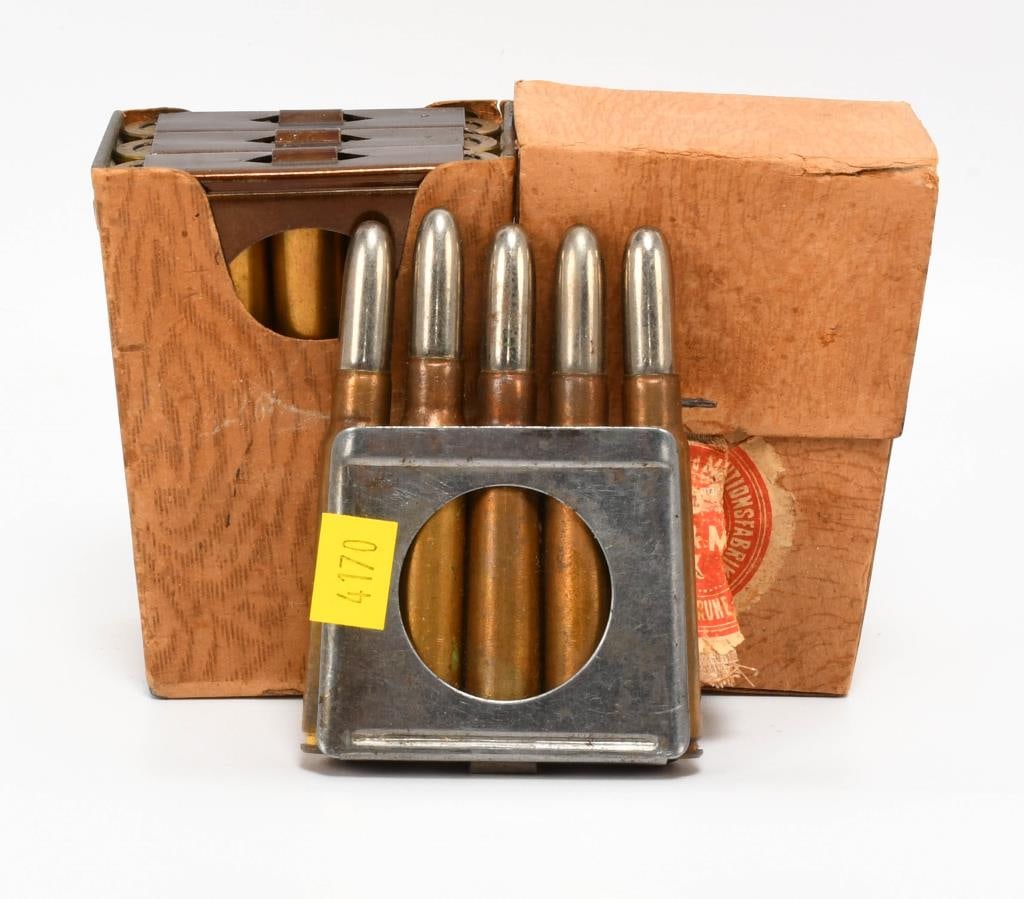 35 Rounds Of 8x57 Mauser Ammunition On Clips: Attention Bidders, we are pleased to offer 35 rounds of 8x57 Mauser ammunition, featuring round nose silver tip bullets, all conveniently loaded on stripper clips.