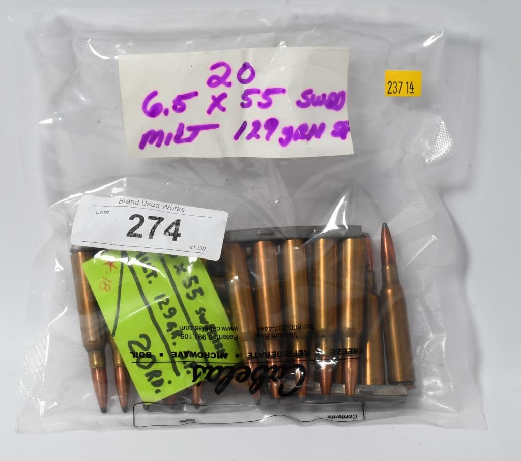 20 Rounds of Military 6.5x55 Swedish Ammunition: Dear Bidders, we are delighted to present 20 rounds of military 6.5x55 Swedish ammunition. This high-quality 129 grain ammo comes conveniently loaded on stripper clips, making it ideal for quick and e