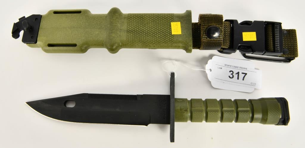 Ontario Knife Co Fixed Blade M9 Bayonet & Scabbard: Ontario Knife Company M9 Bayonet & Scabbard This M9 Is a heavy Duty fixed blade survival knife -The 7.25" blade is coated with a black oxide non-reflective finish and is .235" thick, M9 Bayonet featur