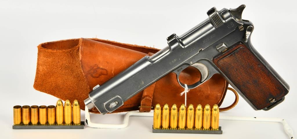 Steyr Hahn Model 1911 Pistol Austrian WWI: Up Next We Have a very rare early 1912 production M1911 Steyr Hahn pistol. This is all matching including the Magazine! and has an excellent bore as well. It is easily distinguished from the M1912 Ste