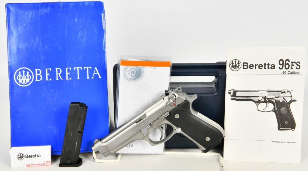 Beretta Model 96 Semi Auto Pistol .40 S&W: Up Next We Have a Stainless Beretta Model 96 Full Size Semi Auto Pistol Chambered in .40 S&W, it Comes With Two Magazines, Paperwork, in The Factory Hardcase With Paper Sleeve. Appearing in Excellent 