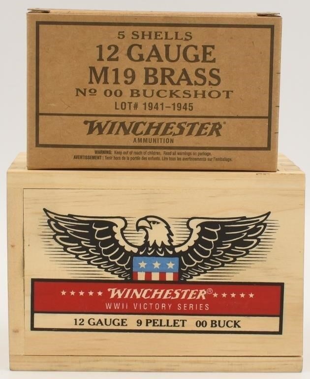 5 Rounds Of Winchester M19 Brass 12 Ga Shotshells: Greetings, esteemed bidders! We present 5 rounds of Winchester M19 brass 12 gauge shotshells, featuring 00 buck 9 pellet buckshots. These cartridges are housed in a WWII Victory Series collector's woo