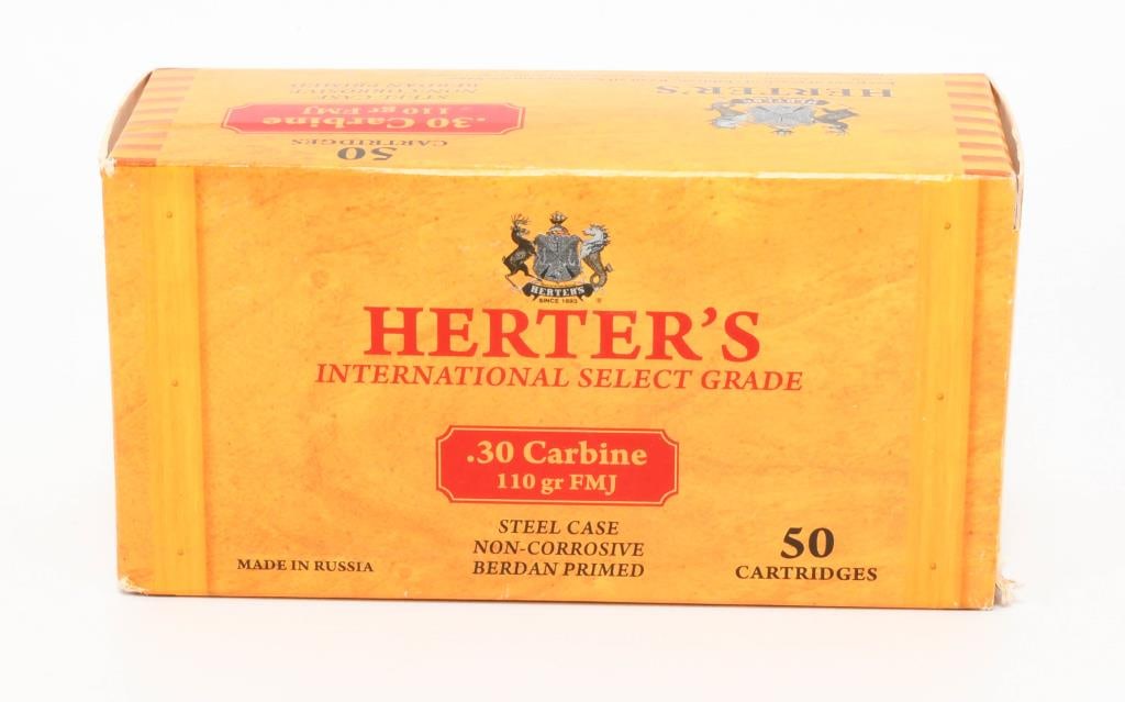 50 Rounds Of Herter's .30 Carbine Ammunition: Hello bidders! Available for auction are 50 rounds of Herter's .30 Carbine ammunition. This ammo features 110 grain full metal jacket steel case, non-corrosive Berdan primed rounds.