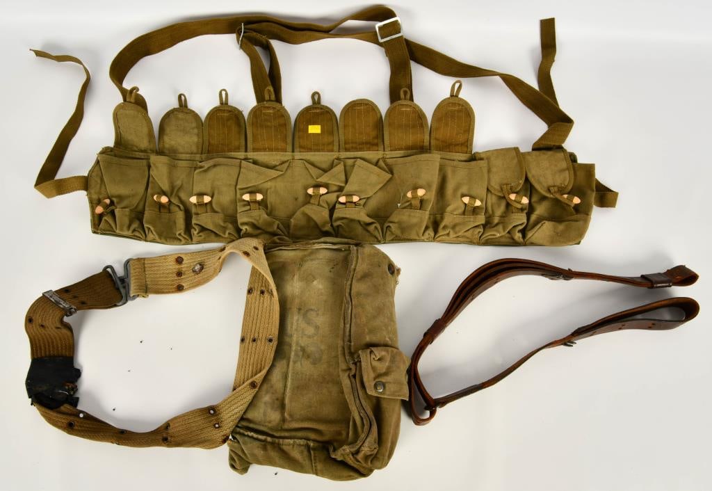 Japanese Bandoleer , US Canvas Bag & Leather Belt: Hello Bidders! Up for auction is a Japanese bandoleer, a US canvas bag, and a leather belt. This set of military surplus items offers practicality and historical value