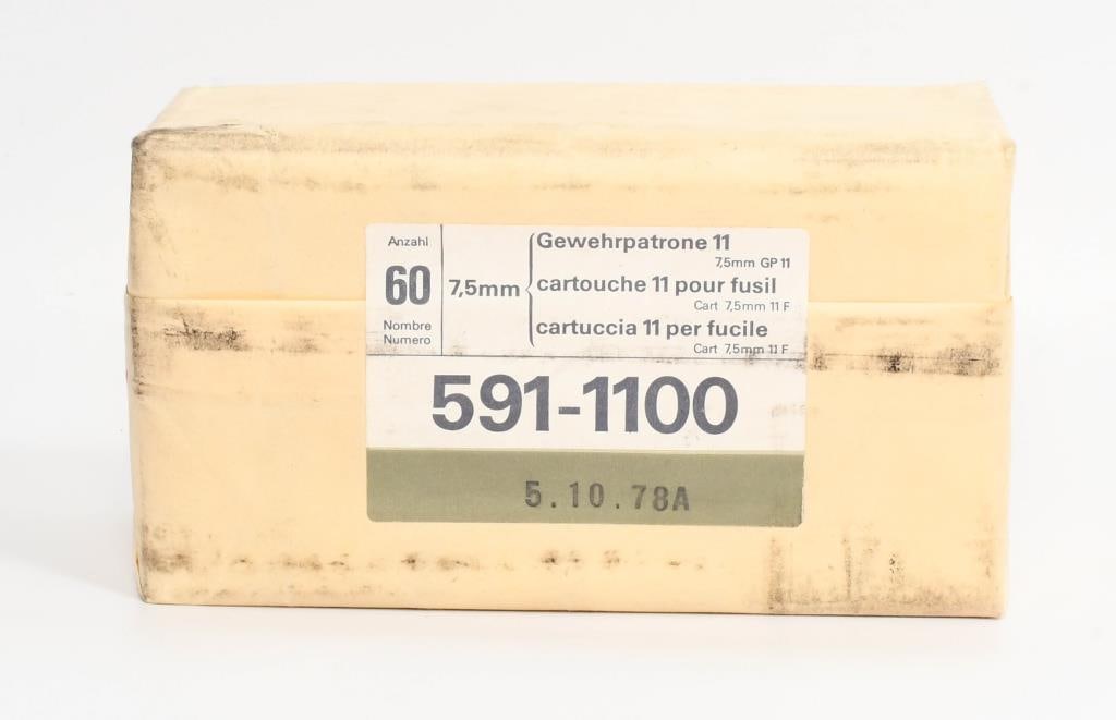 Sealed Brick 60 Rounds 7.5x55 Swiss Ammunition: Greetings, valued bidders! Up for auction is a sealed brick containing 60 rounds of 7.5x55 Swiss ammunition, meticulously dated from 1979. This well-preserved batch is ideal for collectors