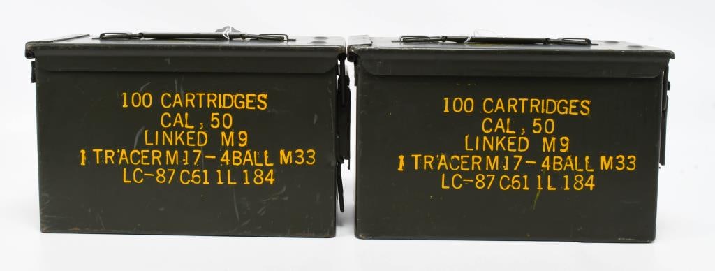 (2) U.S. Military Linked M9 Munition metal Contain: U.S. Military Linked M9 Munitions Storage Container- Lot of 2- Exterior shows 100 Cartridges Cal .50 Linked M9 1 Tracer M17- 4 Ball M33 LC-87 C61 1L 184- comes in Yellow Print, and shows the yellow Su