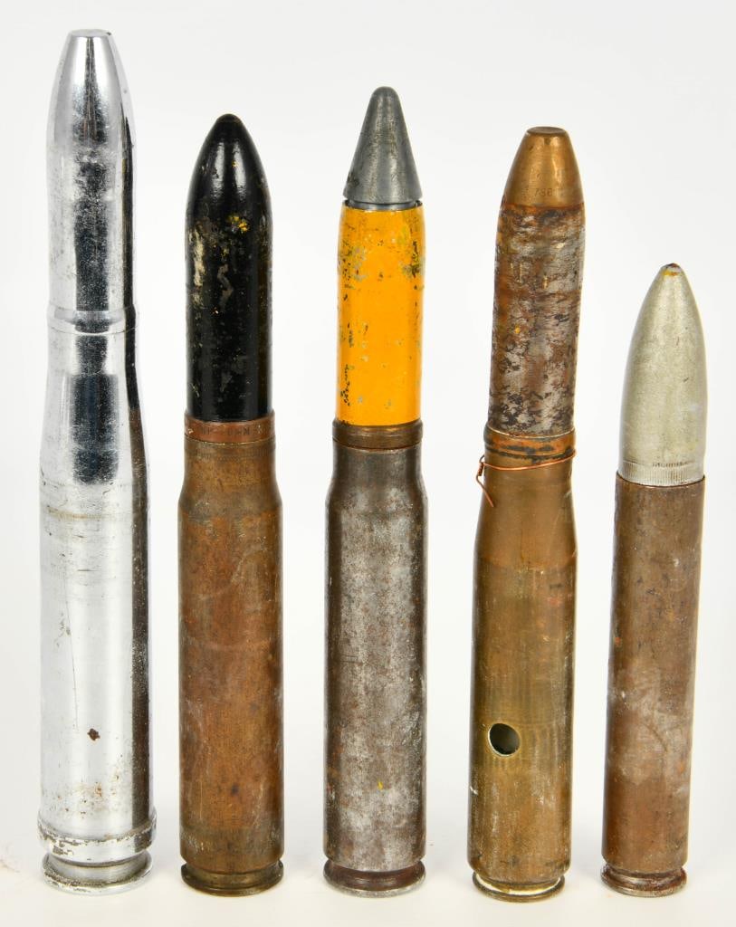 Lot of 5 Artillery Shells Demilled and Training: Here We Have a Lot of 5 Artillery Shells Demilled and Training, 1943 20MM M21A1B1, NESCO 1943 20MM M21A1, 1943 20MM MK2, FA4, and a Nickel Pated German Shell.