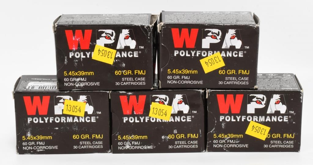 150 Rounds WPA Polyformance 5.45x39mm Ammo: Greetings Bidders, we are excited to offer 150 rounds of WPA Polyformance 5.45x39mm ammunition. These 60 grain full metal jacket (FMJ) rounds feature non-corrosive steel cases