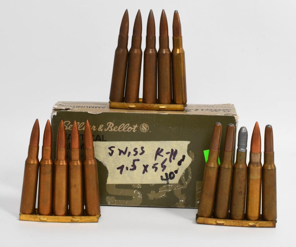 33 Rounds of 7mm Ammunition: Dear Bidders, we are pleased to present 33 rounds of 7mm ammunition, featuring a combination of Sellier & Bellot 7.5x55 Swiss rounds and 7mm Mauser ammunition loaded on stripper clips.