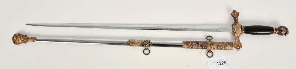 Antique Masonic Knights Templar Ceremonial Sword: Antique Masonic Knights Templar Ceremonial Sword- The blade is signed: ?The Mc Lilley & Co Columbus Ohio? In good overall condition. Comes the Matching Scabbard, the Silver Color Cross on the Handle i