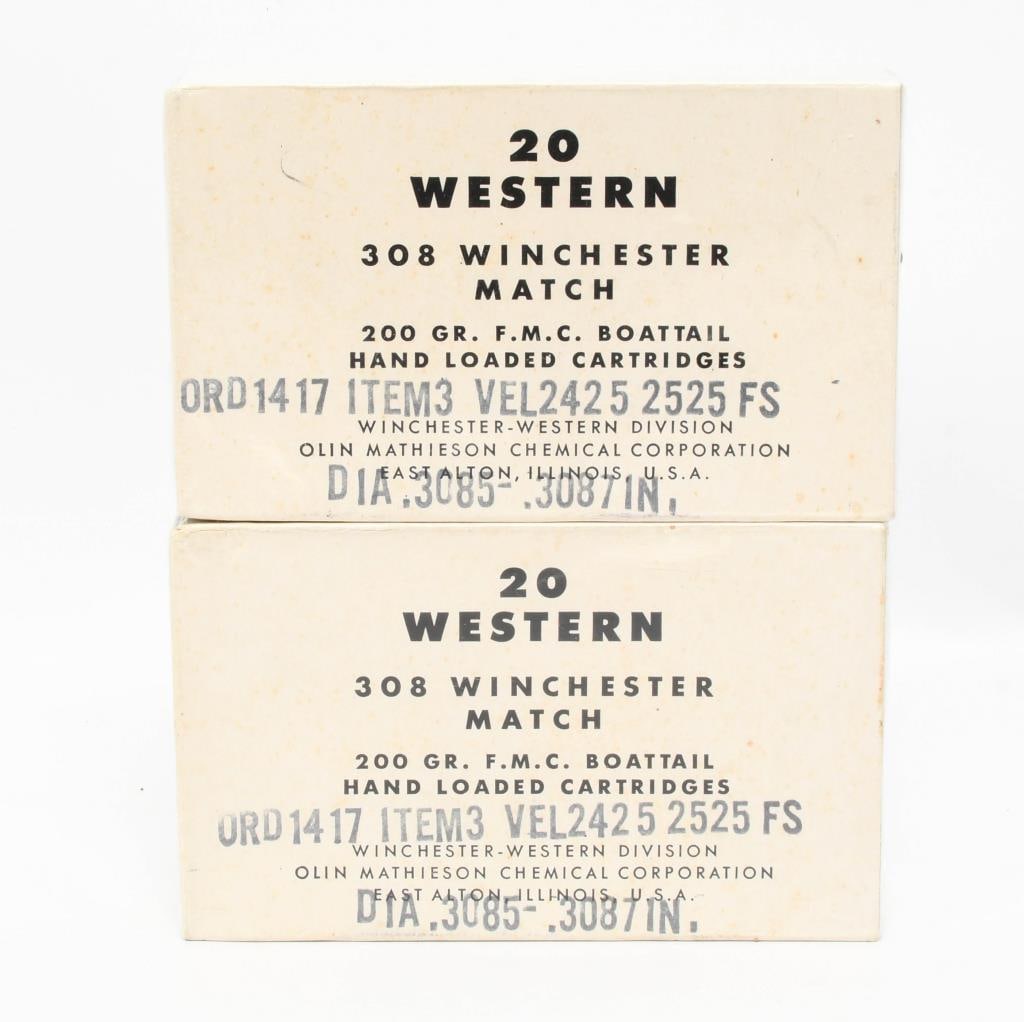 40 Rounds Western .308 Win Match Ammunition: Attention Bidders, we are excited to present 40 rounds of Western .308 Win Match ammunition. 200 grain FMC boattail hand-loaded cartridges