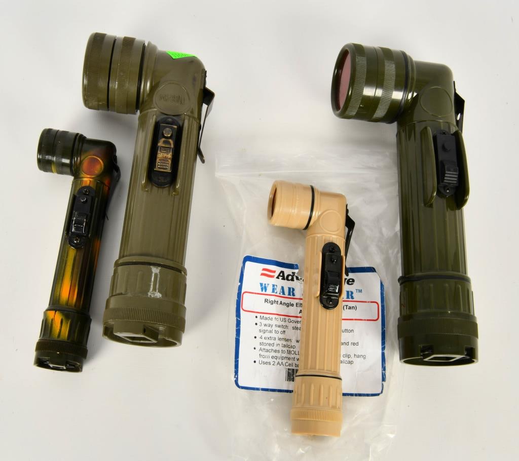 4 Angled Military Flashlights: Hello Bidders! Available now are 4 angled military flashlights, known for their durability and practical design.