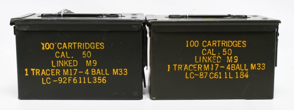 (2) U.S. Military Linked M9 Munition metal Contain: U.S. Military Linked M9 Munitions Storage Container- Lot of 2- Exterior shows 100 Cartridges Cal .50 Linked M9 1 Tracer M17- 4 Ball M33 LC-87 C61 1L 184- comes in Yellow Print, and shows the yellow Su