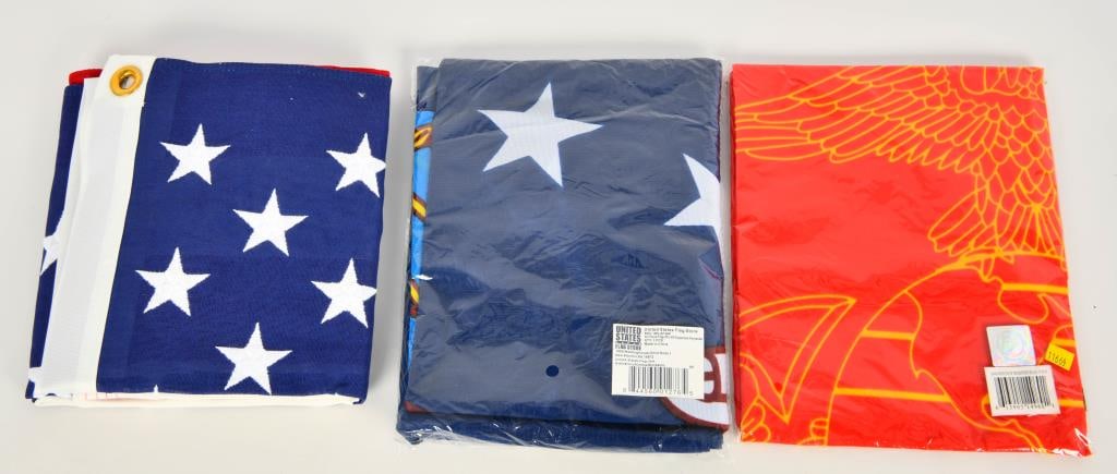 3 New Flags, 2 US Flags, & 1 Red & Yellow Flag: Hello bidders! Up for auction are 3 new flags, including 2 US flags and 1 red and yellow marine flag. This lot features a cotton 3x5 US flag, a polyester 4x6 US flag, and a 3x5 red and yellow marine f