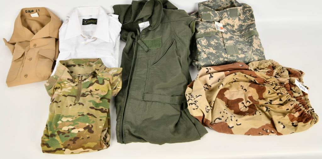 Military Coveralls, Coat, Pullover, Dress shirt,: Great Military lot with various items; 1. Men Flyers Summer Coveralls, size 44R OD green, zip front, adjustable, pre owned #8415-01-043-8392 1. Propper Pull over Shirt, with zip top, part knit, part c