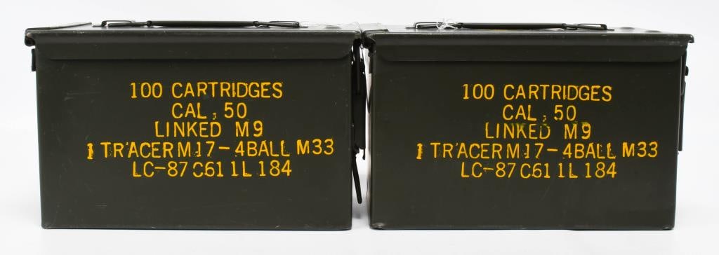 (2) U.S. Military Linked M9 Munition metal Contain: U.S. Military Linked M9 Munitions Storage Container- Lot of 2- Exterior shows 100 Cartridges Cal .50 Linked M9 1 Tracer M17- 4 Ball M33 LC-87 C61 1L 184- comes in Yellow Print, and shows the yellow Su