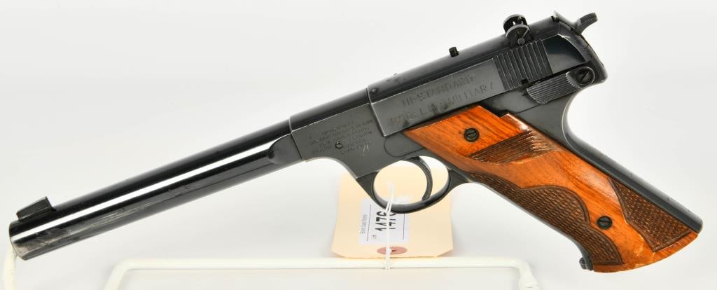 High Standard Model H-D Military .22 LR Pistol: High Standard Model H-D Military semi auto pistol chambered in the .22 LR, Comes with a barrel that measures approx 6 1/2" in length, has front and rear sights, wood grips with checkering design. it c