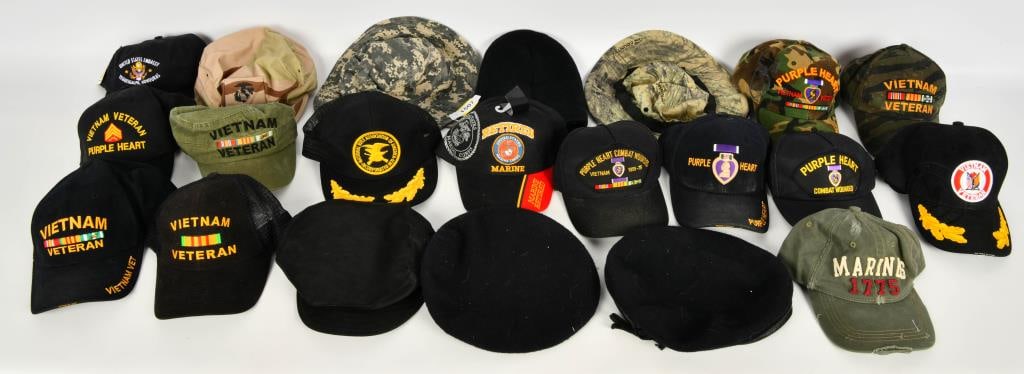 Large lot of various Military Hats, caps and more: (2) Mens Wool Beret AF Blue Cap Utility M.C. #8405-01-110-5023 sz XL Cap Utility M.C. #8405-01-110-4884 sz Large and various adjustable ball caps, Purple Heart combat wounded, NRA, United States Embas