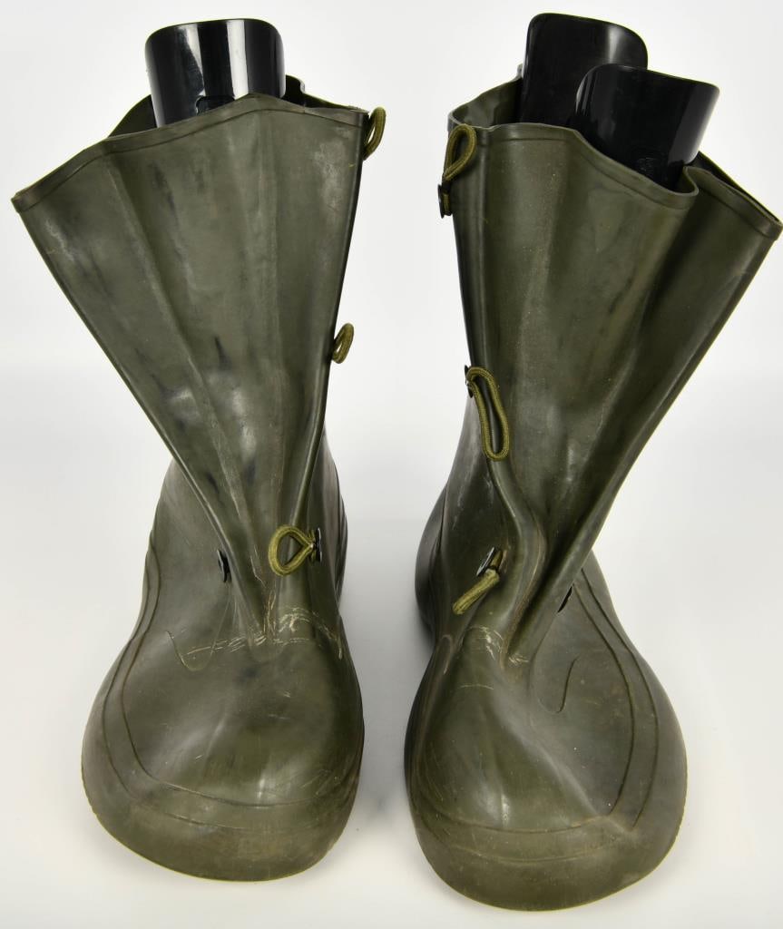 KCA Rubber Protective Boots size 14 OD Green: MILITARY KCA WATERPROOF OD GREEN RUBBER BOOTS/ Galoshes size 14 THESE GO OVER YOUR SHOES OR BOOTS THE SIZE LISTED FOR THESE BOOTS WILL GO OVER THE SIZE YOU WEAR SO IF YOU BUY THIS SIZE 14 THEY WILL GO