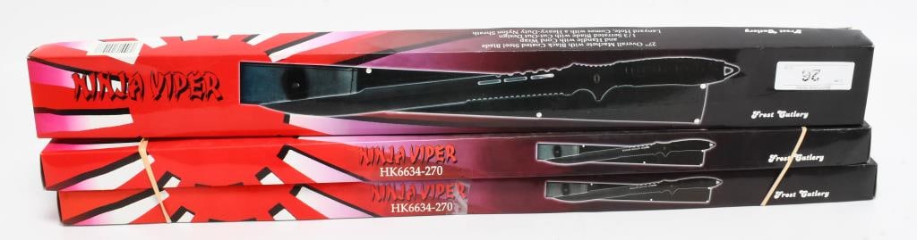 3 NIB Frost Cutlery 27" Ninja Viper Machetes: Esteemed Bidders, we are excited to present 3 NIB Frost Cutlery 27" Ninja Viper Machetes. Each machete features a black coated steel blade with a wrap handle, a 1/3 serrated blade with a cut-out desig
